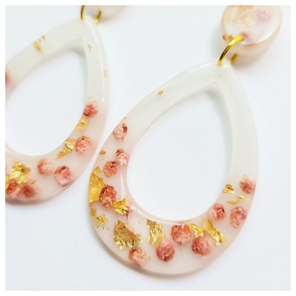 Statement Earrings Gold and Blush Pink Floral Milk Bath Handmade Teardrop Dangle - Picture 7 of 12